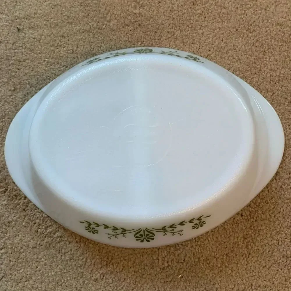 Glasbake J2352 Green Daisies Divided Milk Glass Casserole Dish 12” Long